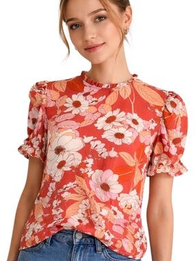 Poppi floral blouse top with rouched elastic sleeves Sz M orange white daisies